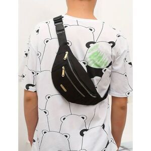 NWT Gorgeous Black Nylon Sling Bag Fanny Pack with double zipper & Gold Hardware